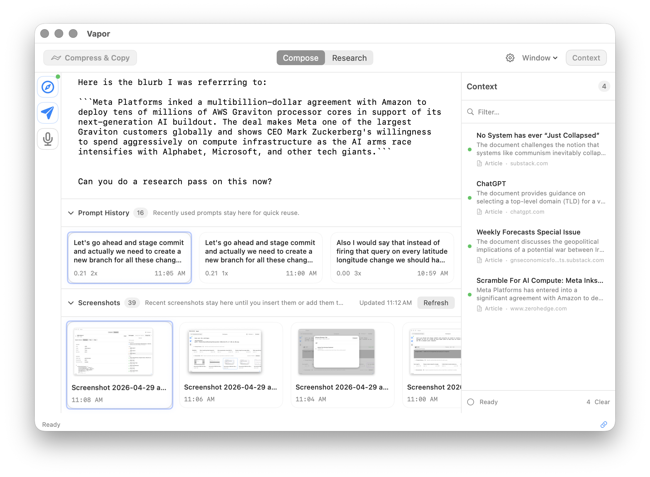 Context tray sidebar with captured pages