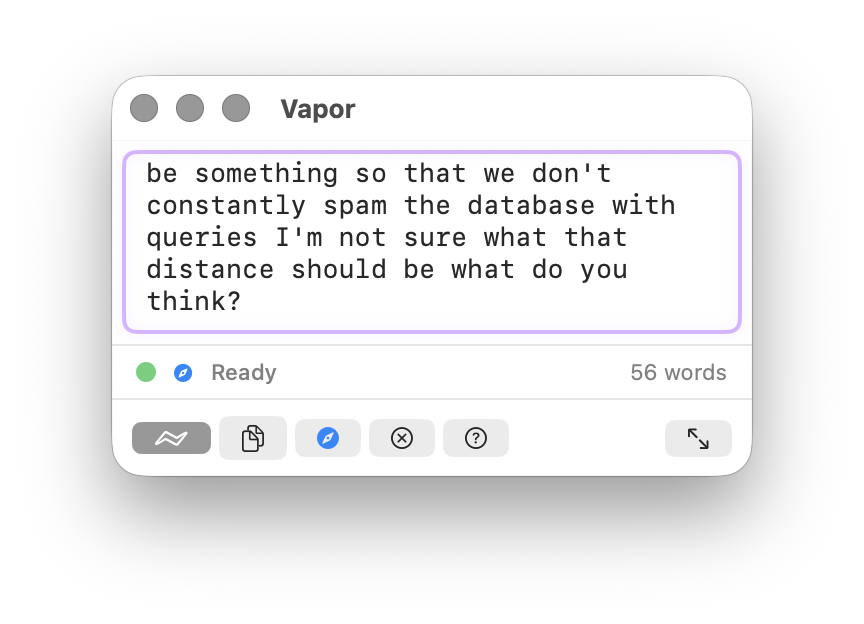 Vapor — floating prompt window with context tray and screenshot shelf