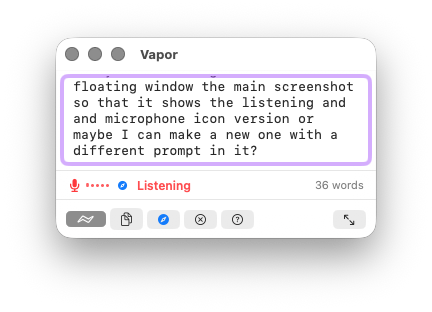 Vapor — floating prompt window with context tray and screenshot shelf